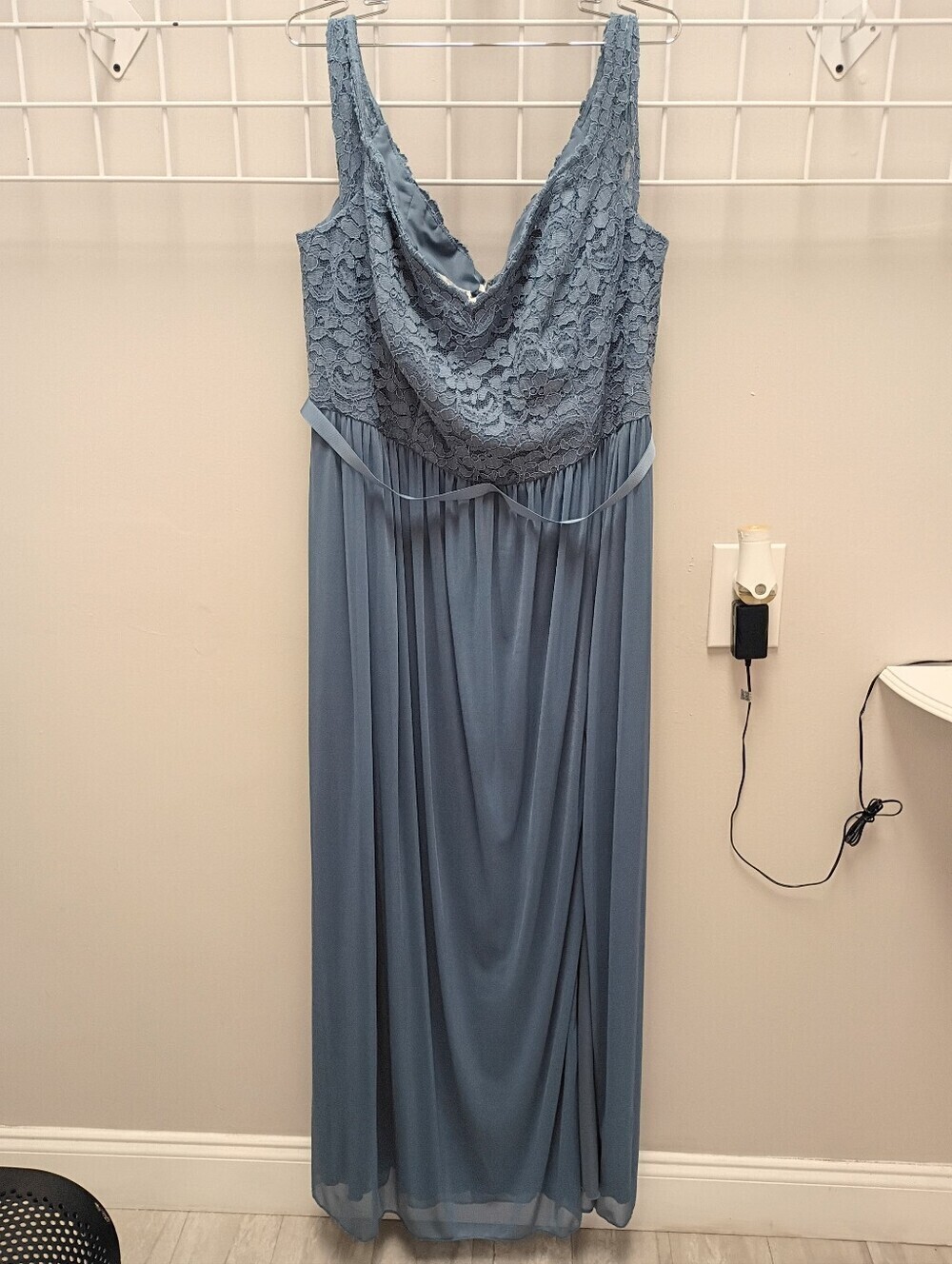 DAVID'S BRIDAL Elegant Lace & Chiffon Maxi Dress in Dusty Blue